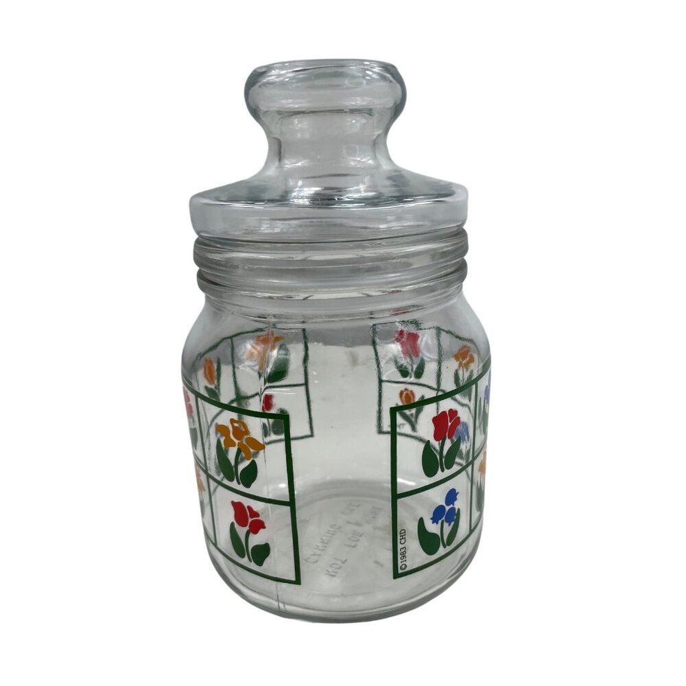 1983 Anchor Hocking Nina Glass Canister w/Colorful Tulips & Glass Lid - Picture 3 of 10